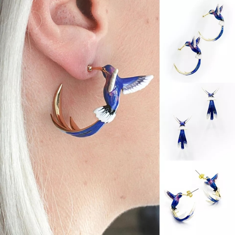 Cute Green and Purple Hummingbird Earrings - Picture 4 of 5